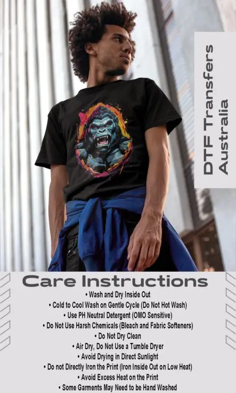 A man wearing a black T-shirt with a DTF transfer, alongside a table of garment care instructions