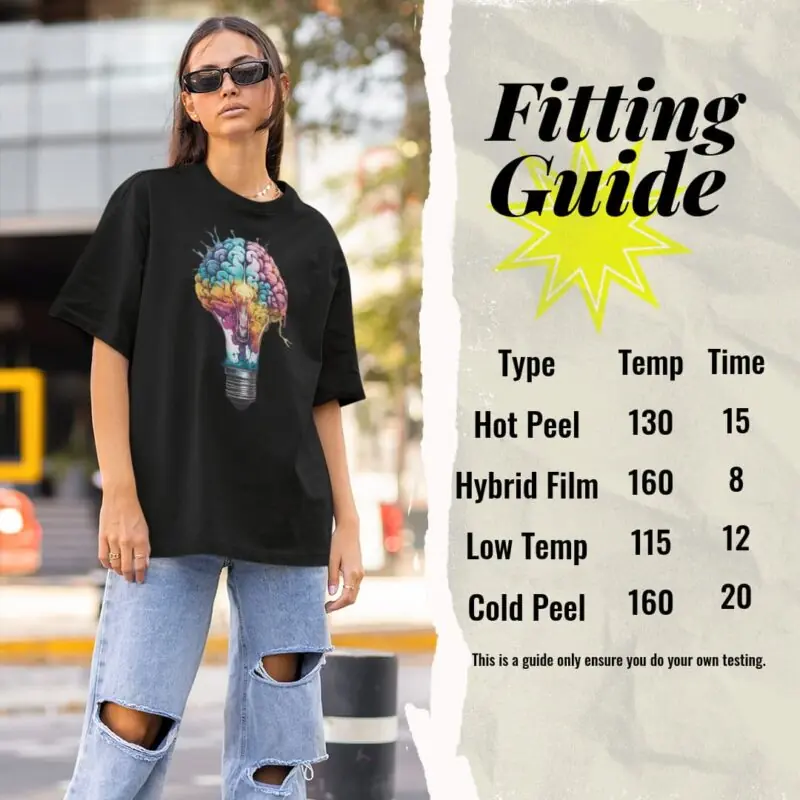 Lady in black T-shirt with DTF transfer, alongside a basic settings table.