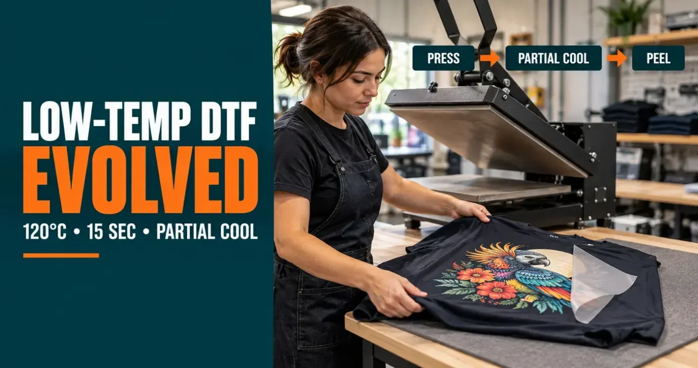 Technician allowing a polyester shirt to partially cool before peeling a low-temperature DTF transfer