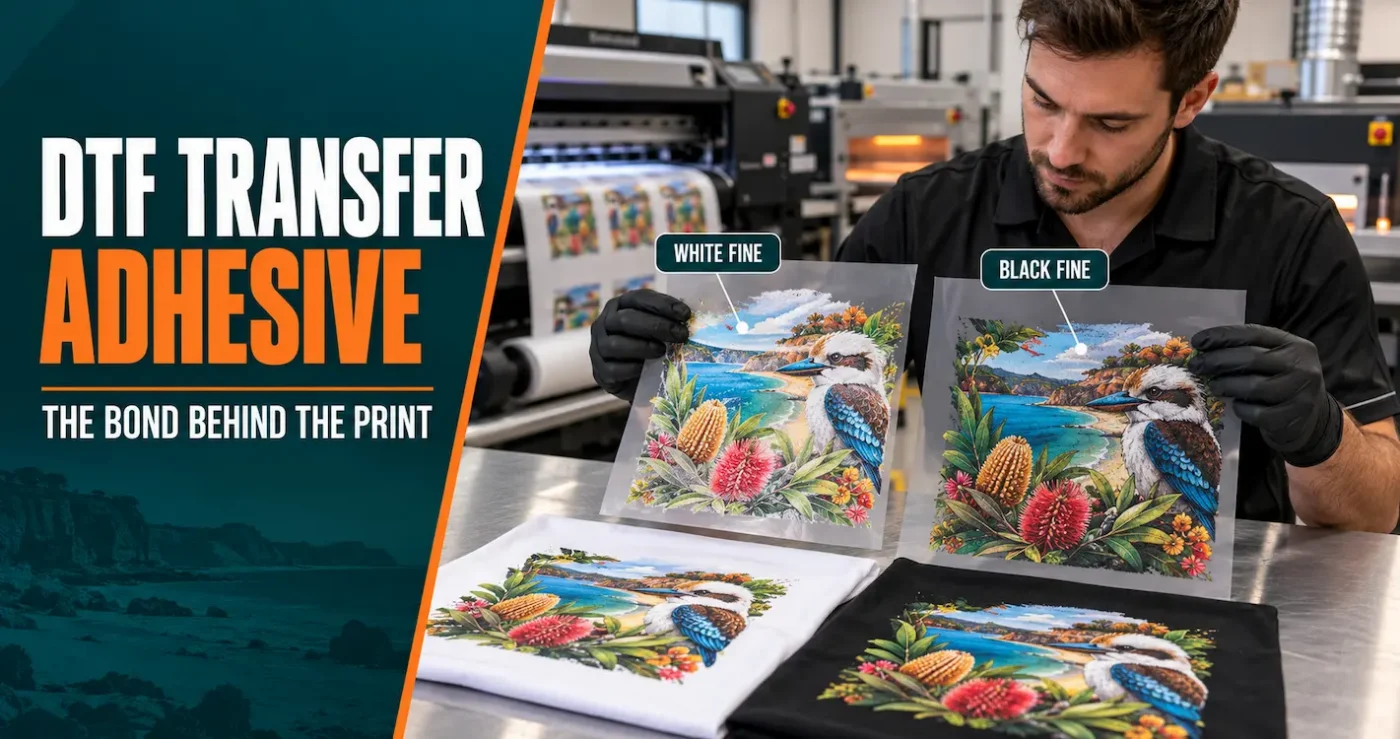 Technician comparing White Fine and Black Fine DTF adhesive layers with finished printed shirts