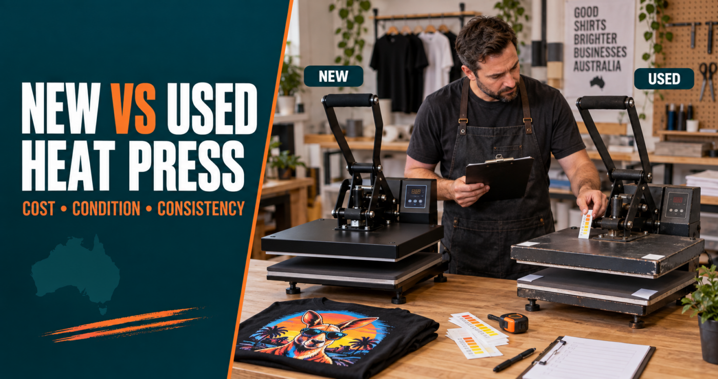 T-shirt printer comparing new and used heat presses with temperature and pressure tests