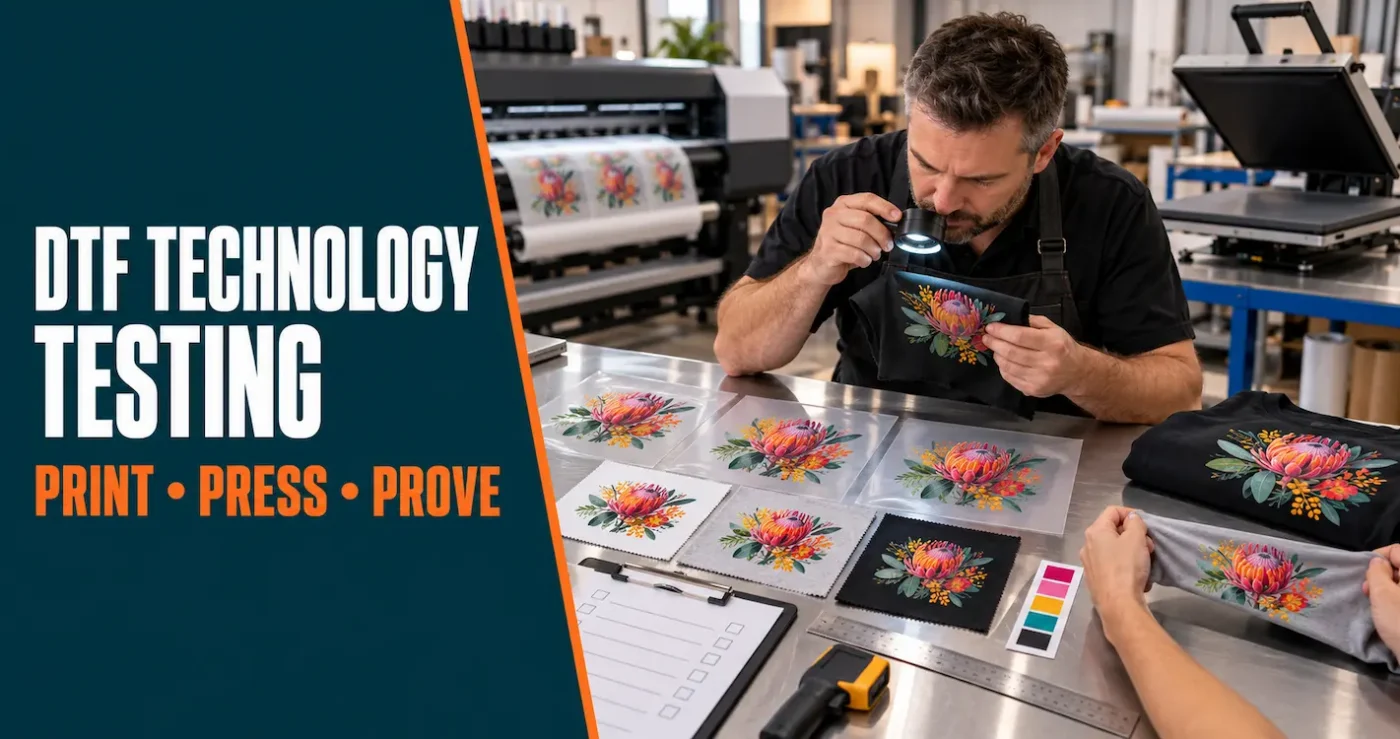 DTF print technician inspecting transfer samples and pressed fabric swatches during technology testing