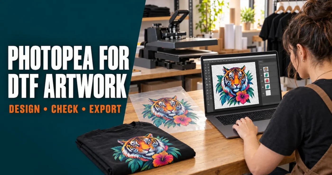 T-shirt entrepreneur preparing print-ready DTF artwork in a Photopea-style image editor