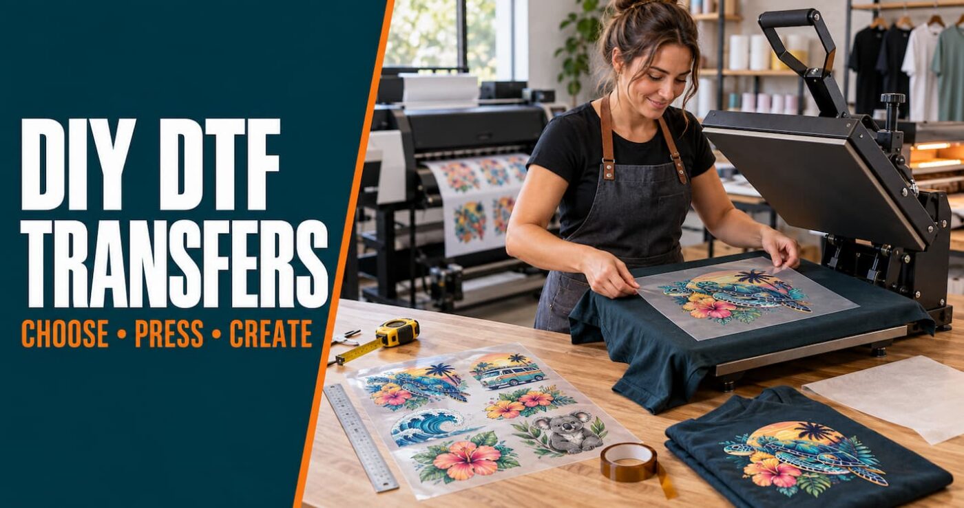 Small-business owner positioning a ready-to-press DTF transfer on a T-shirt beside a heat press and gang sheet
