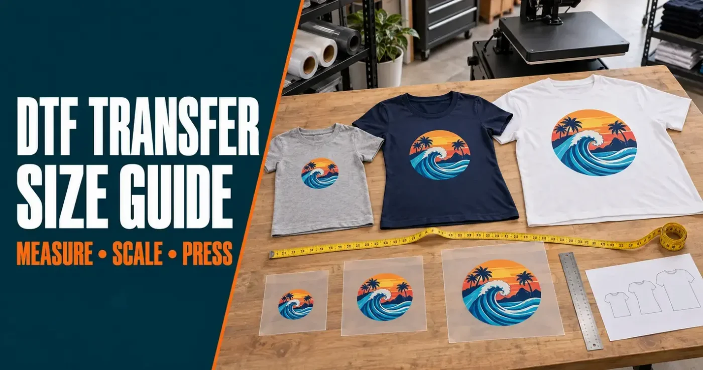 Three different-sized T-shirts with matching DTF artwork scaled proportionally beside transfer films and a measuring tape