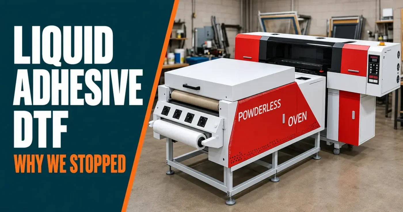 Liquid adhesive DTF printer and powderless oven in a workshop beside the words Why We Stopped