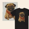 Custom glitter DTF T Shirt transfer featuring a cute pug dog design with red scarf on black T shirt