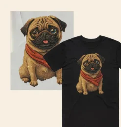 Custom glitter DTF T Shirt transfer featuring a cute pug dog design with red scarf on black T shirt