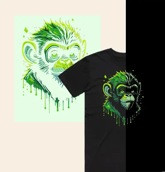 Glow in the Dark DTF T Shirt Transfer – Neon green monkey design glowing effect on black T shirt