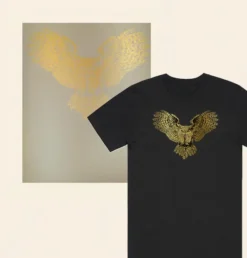 Custom metallic gold DTF T shirt transfer with owl design – 30x40cm specialty gold foil print