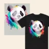 Custom pearl finish DTF T Shirt transfer featuring a colourful panda design with chameleon shimmer effect on black T shirt