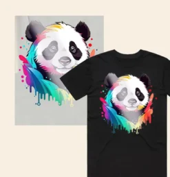 Custom pearl finish DTF T Shirt transfer featuring a colourful panda design with chameleon shimmer effect on black T shirt