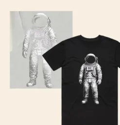 Custom reflective DTF T Shirt transfer with astronaut design – light-reactive reflective finish on black T shirt