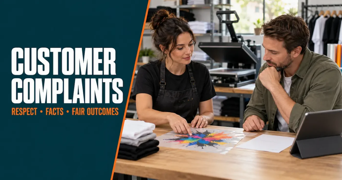 DTF print professional calmly handling a customer complaint by reviewing a transfer and order details together