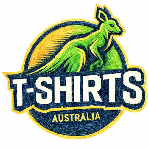 Hand-drawn coloured pencil style logo of T-Shirts Australia featuring a green kangaroo and bold lettering