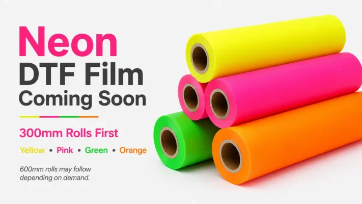 Neon DTF film rolls in yellow, pink, green and orange with coming soon text for DTF Transfers Australia
