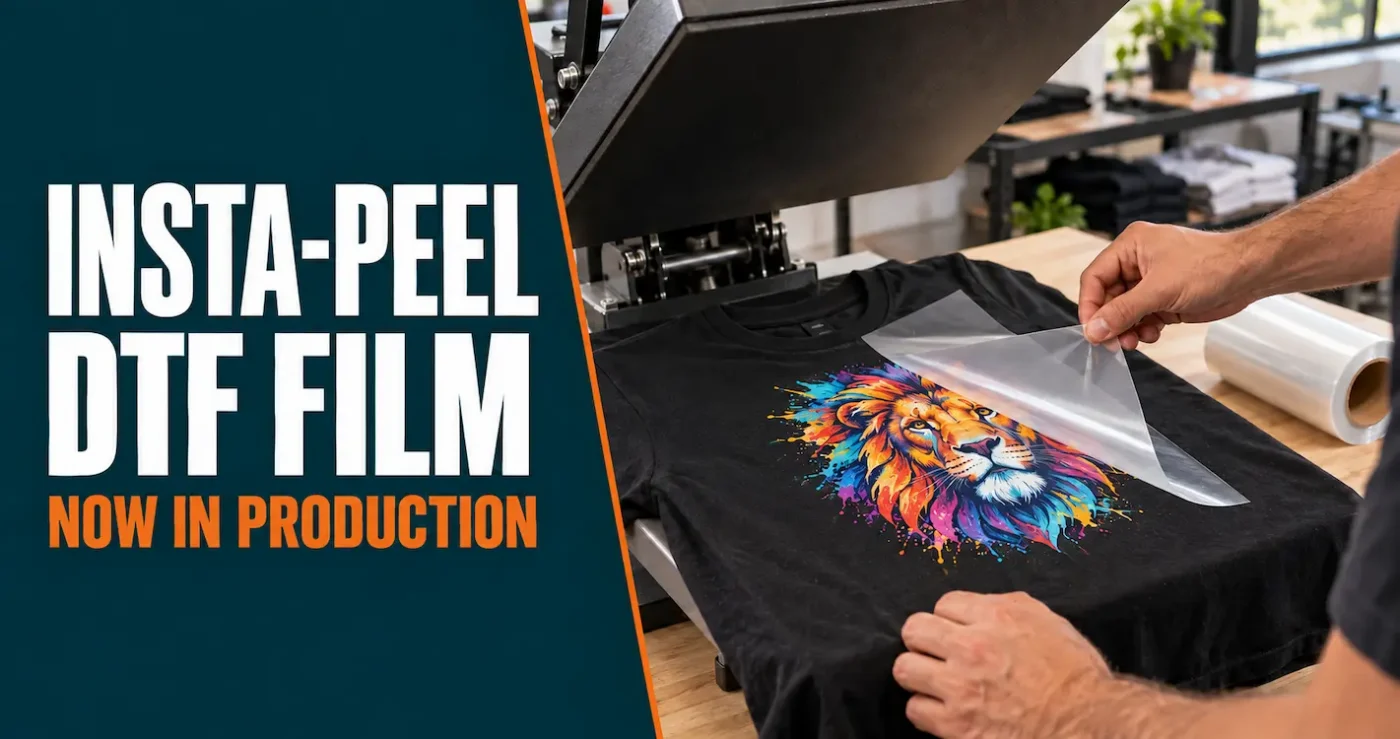 Clear Insta-Peel DTF carrier film being removed from a colourful transfer on a black T-shirt