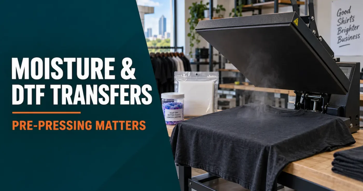 Steam rising from a dark T-shirt during pre-pressing before applying a DTF transfer