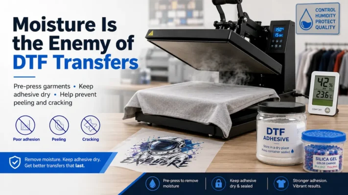 Heat press pre-pressing a garment to remove moisture before applying a DTF transfer, with dry adhesive and silica gel moisture control nearby.