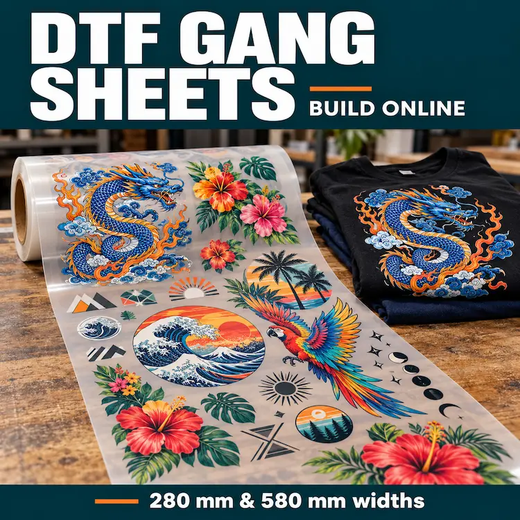 DTF gang sheet with colourful designs beside a black T-shirt printed with a blue and orange dragon.