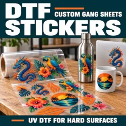 Colourful UV DTF designs on clear transfer film beside a decorated stainless steel bottle, ceramic mug and laptop.