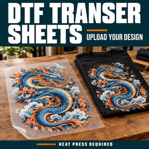 DTF cut sheet with a blue and orange dragon design beside a black T-shirt displaying matching artwork.