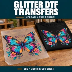 Colourful butterfly glitter DTF transfer on clear film beside a matching printed black T-shirt.
