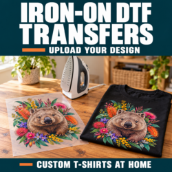 Wombat and native flower iron-on DTF transfer beside a household iron and black T-shirt displaying matching artwork.