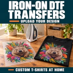 Wombat and native flower iron-on DTF transfer beside a household iron and black T-shirt displaying matching artwork