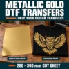 Fully gold DTF film sheet beside a black T-shirt with a metallic gold owl print, showing that only the design transfers.