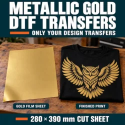 Fully gold DTF film sheet beside a black T-shirt with a metallic gold owl print, showing that only the design transfers.