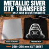 Solid metallic silver DTF film sheet beside a black T-shirt with a silver gorilla print, showing that only the design transfers.