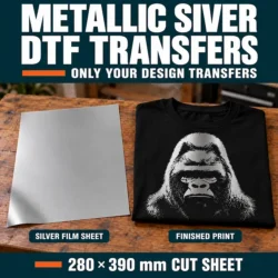 Solid metallic silver DTF film sheet beside a black T-shirt with a silver gorilla print, showing that only the design transfers.
