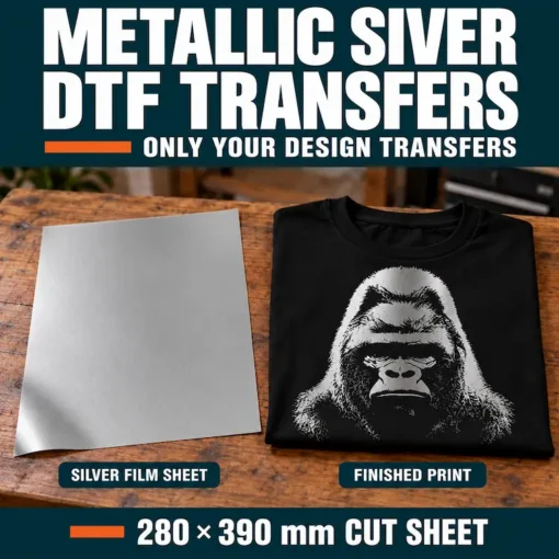 Solid metallic silver DTF film sheet beside a black T-shirt with a silver gorilla print, showing that only the design transfers.