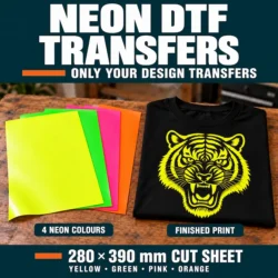 Solid yellow, green, pink and orange neon DTF sheets beside a black T-shirt with a neon yellow tiger print.
