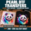 Full-colour panda design on pearl DTF film beside a matching black T-shirt, illustrating the iridescent chameleon finish.