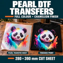 Full-colour panda design on pearl DTF film beside a matching black T-shirt, illustrating the iridescent chameleon finish.