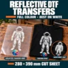 White astronaut and colourful planet on clear DTF film beside a matching black T-shirt, with an inset showing reflection under direct light.