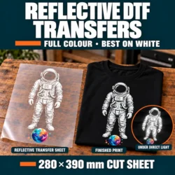 White astronaut and colourful planet on clear DTF film beside a matching black T-shirt, with an inset showing reflection under direct light.