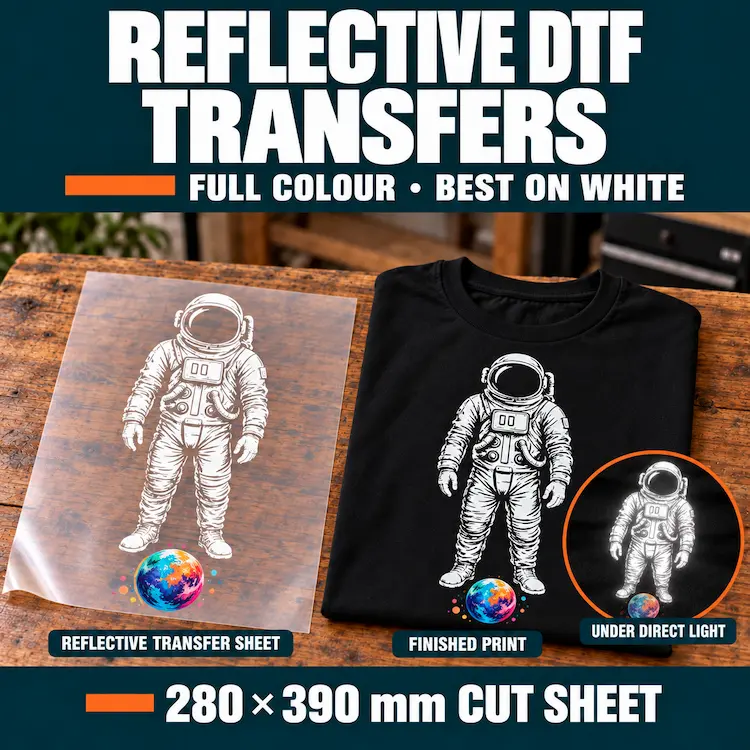 White astronaut and colourful planet on clear DTF film beside a matching black T-shirt, with an inset showing reflection under direct light.