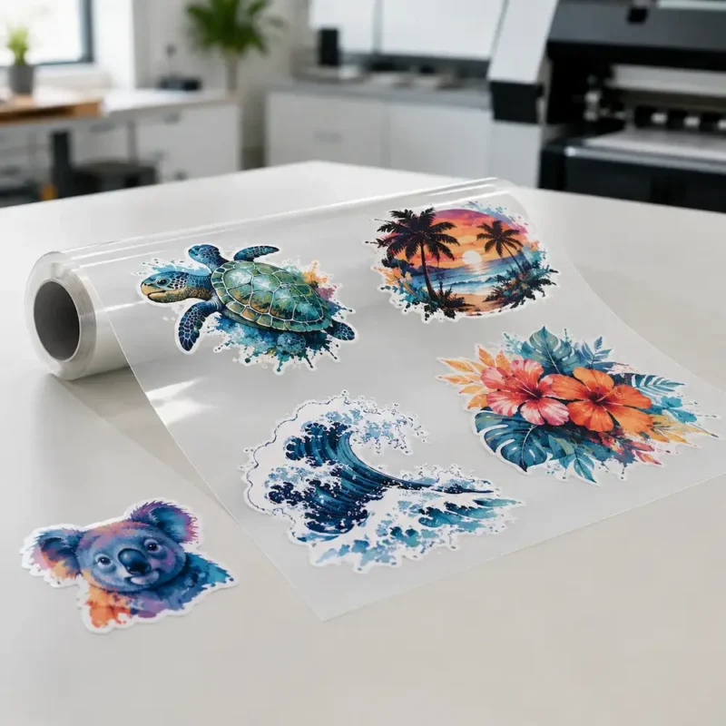 Ready-to-press DTF gang sheet with colourful custom transfers in a Brisbane print workshop