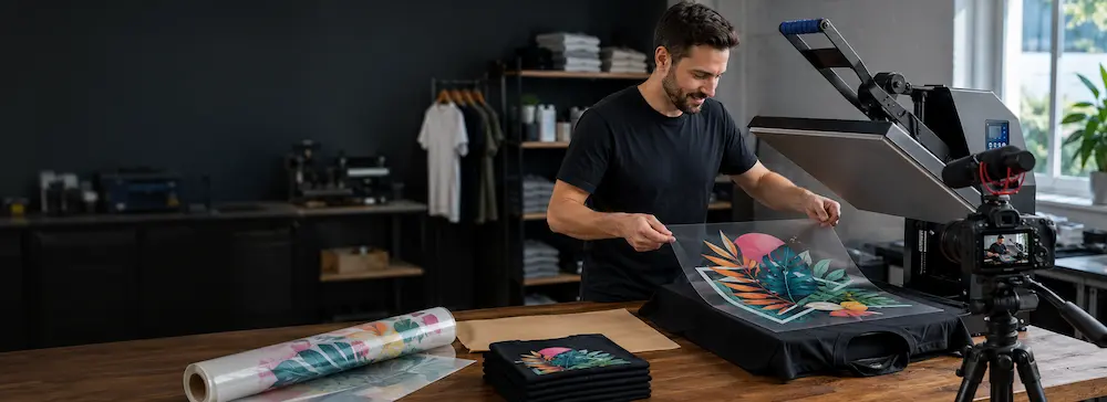 Apparel decorator filming a DTF transfer heat-press tutorial in a professional workshop