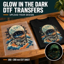 Astronaut design on clear DTF film beside a matching black T-shirt, with an inset illustrating the glow-in-the-dark effect.