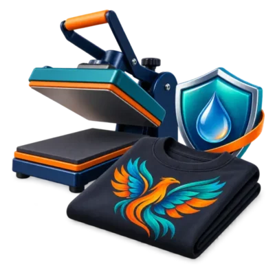 Heat press, printed garment and moisture-protection symbol for DTF transfer care