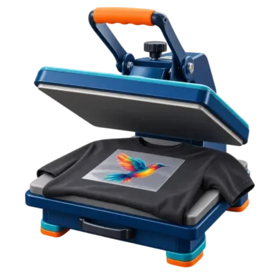 Heat press applying a colourful DTF transfer to a black T-shirt