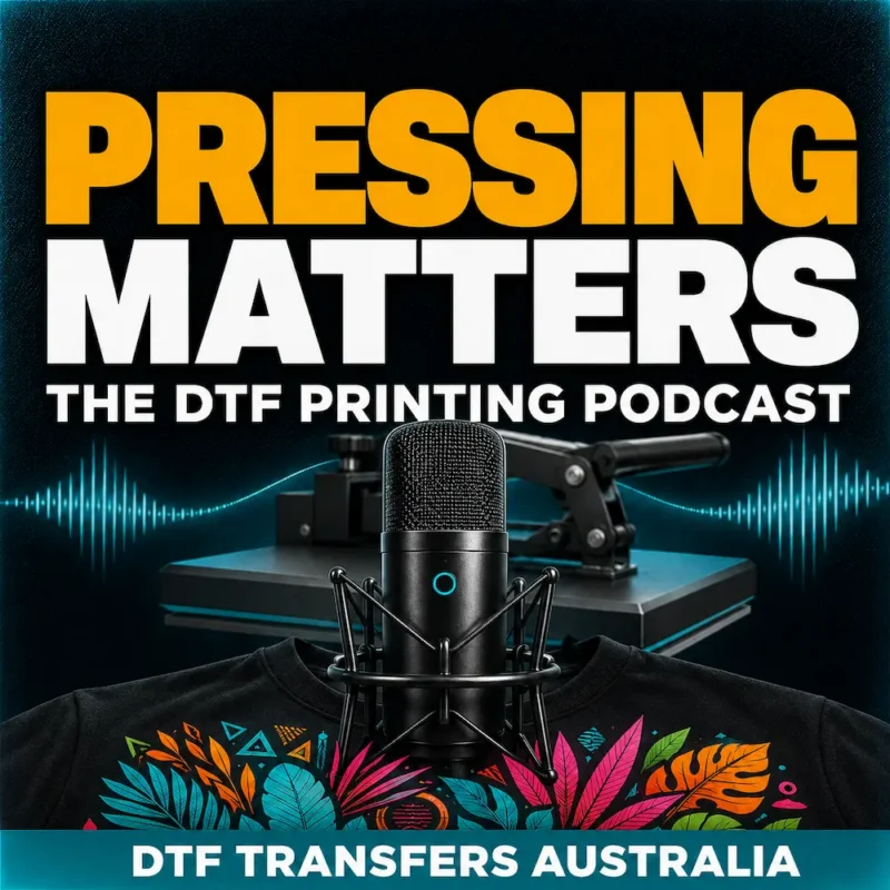 Pressing Matters, A DTF Printing Podcast cover with a microphone, heat press and colourful printed T-shirt