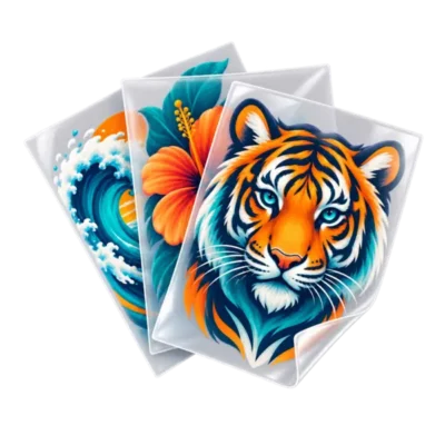 Three separate transparent DTF cut sheets with colourful custom designs