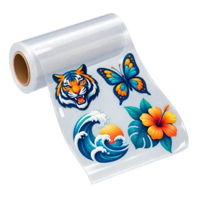 Rolled DTF gang sheet with four colourful custom transfer designs