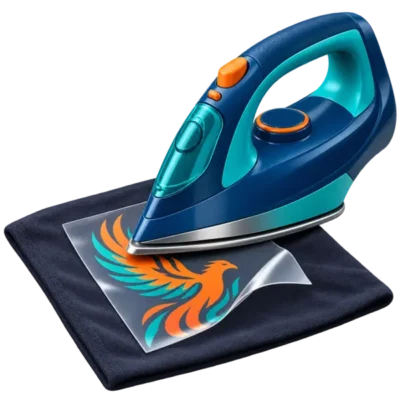Household iron applying an iron-on DTF transfer to dark fabric