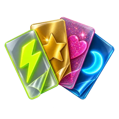 Speciality DTF transfer samples showing neon, metallic, glitter and glow finishes
